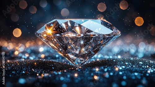 Stunning close-up of a sparkling diamond on a glittering surface with a bokeh background