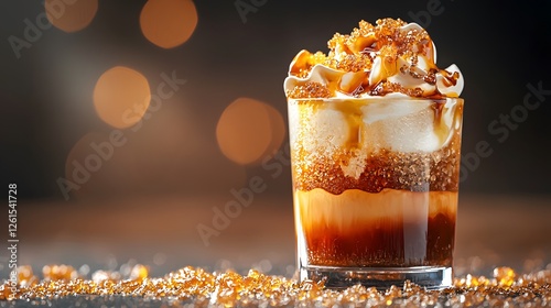Glass filled with iced maple brown sugar latte topped with ice on a wooden table
