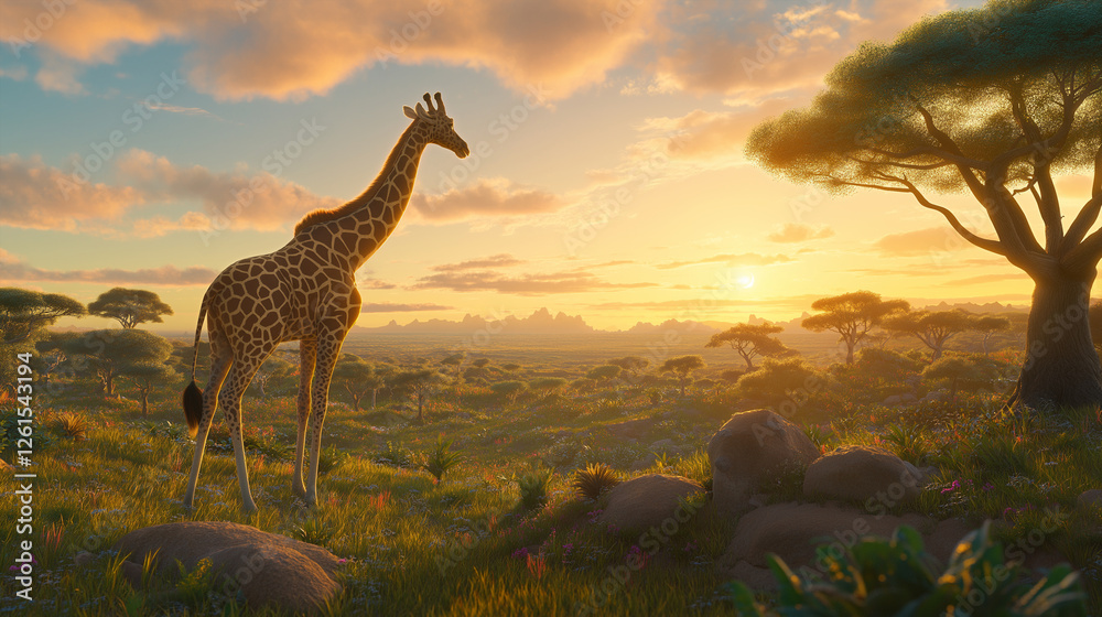 Obraz premium Stunning safari scene featuring a giraffe under a colorful evening sky