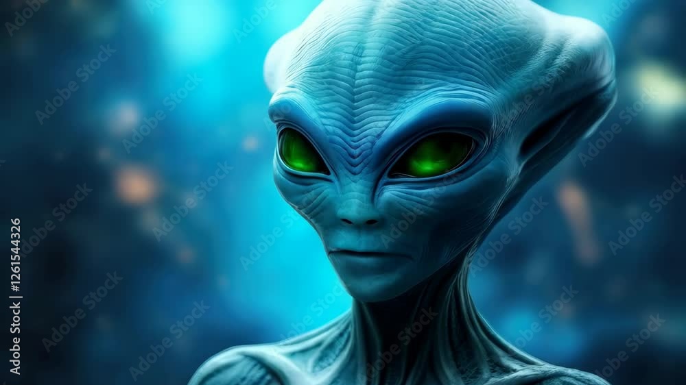 Realistic 3d alien creature with green eyes in dark space environment. Extraterrestrial being portrait for science fiction concept, movies and games design Realistic 3d alien creature with green eyes in dark space environment. Extraterrestrial being portrait for science fiction concept, movies and games design