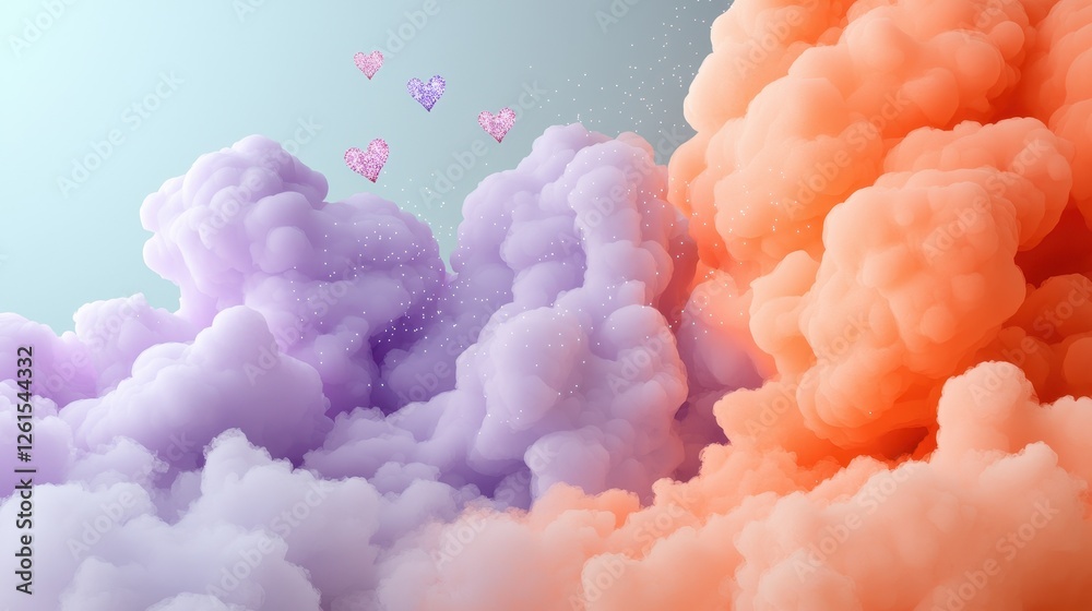Fototapeta premium Lavender and Peach Cloudscape with Glittery Hearts