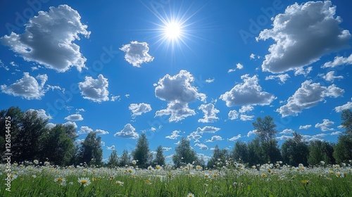 Bright sunny day over a field of daisies with fluffy clouds and blue sky in the background