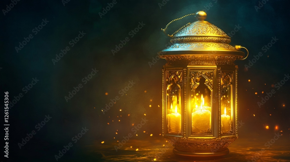 A golden lantern with intricate designs and glowing candles, symbolizing the spirit of Ramadan A golden lantern with intricate designs and glowing candles, symbolizing the spirit of Ramadan