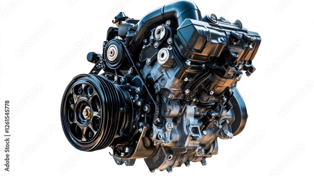 A detailed view of an automotive engine showcasing its components and design. A detailed view of an automotive engine showcasing its components and design.