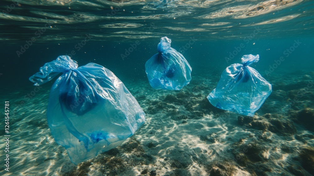 Fototapeta premium Jellyfish made of blue plastic bags float in the sea