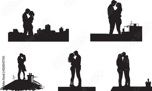 Silhouette of a couple hugging each other tightly on a rooftop vector silhouette