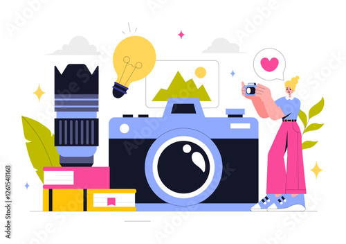 Photography Vector Illustration Featuring a Camera and Equipment for Capturing Travel, Tourism, Adventure, and Memories in a Flat Style Background