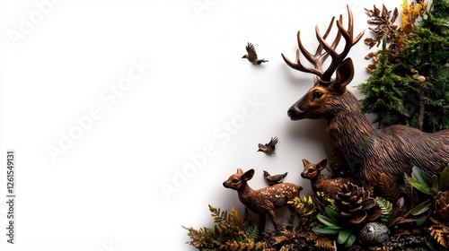 Decorative Deer Family Figurine in Woodland Scene Isolated on White Background