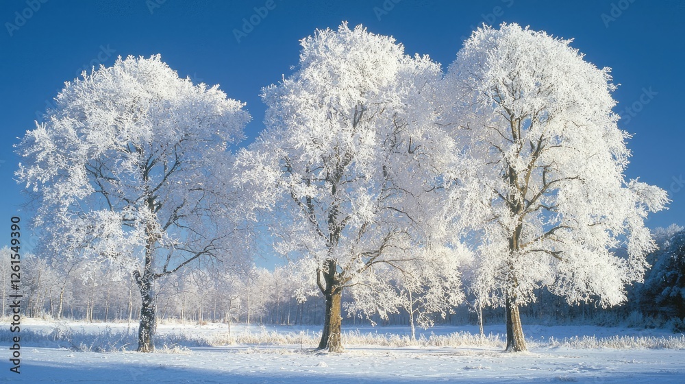 Snow-covered trees stand majestically in a winter landscape under a clear blue sky Snow-covered trees stand majestically in a winter landscape under a clear blue sky