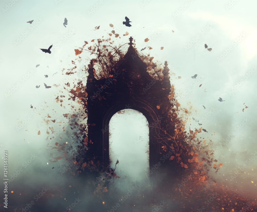 Fototapeta premium Autumnal Gateway to Mystery: An Enigmatic Archway Shrouded in Fog and Falling Leaves
