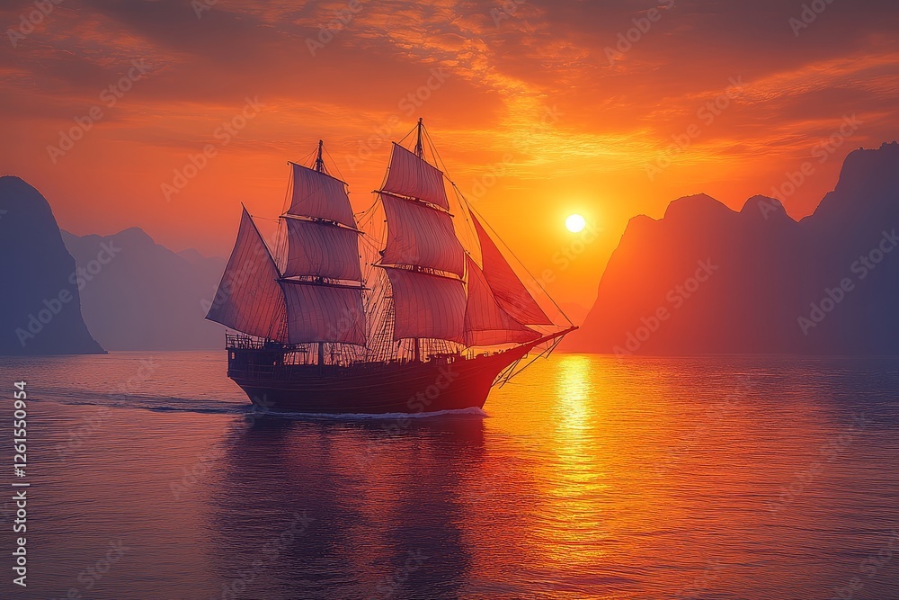 Obraz premium Chinese Junk Ship with White Sails on the Sea at Golden Sunset. Silhouette of Mountains in Distance, Colorful Sky, Realistic Photography with Backlighting and Elegant Movements.