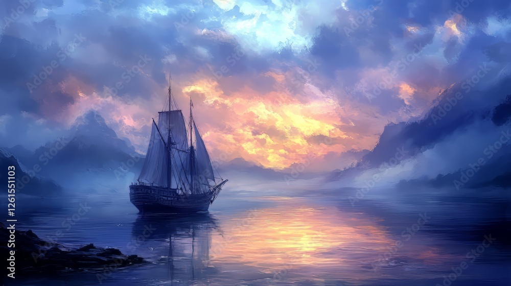 Fototapeta premium A majestic sailing ship glides through tranquil waters at dusk.