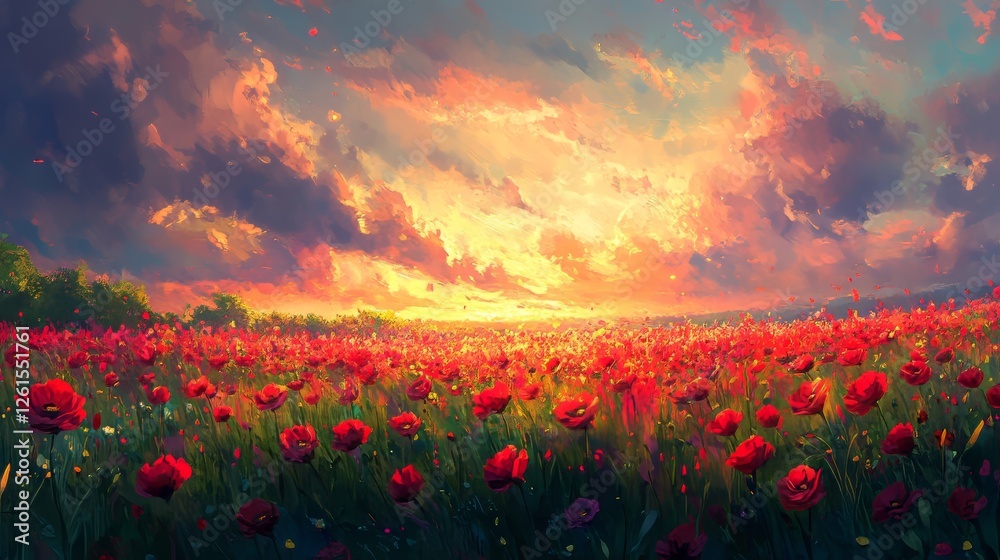 Vibrant sunset over a blooming field of red poppies. Vibrant sunset over a blooming field of red poppies.