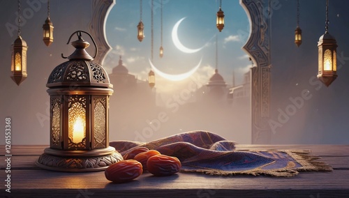 Ramadan lantern background with mosque and night sky