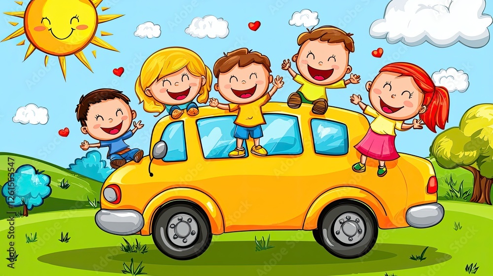Happy children joyfully playing on a yellow car in a sunny park with green trees and clouds Happy children joyfully playing on a yellow car in a sunny park with green trees and clouds