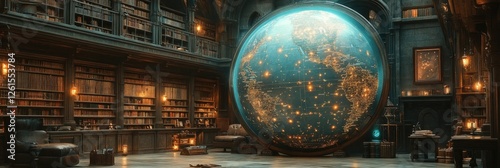 Enormous globe illuminates ancient library's shelves.