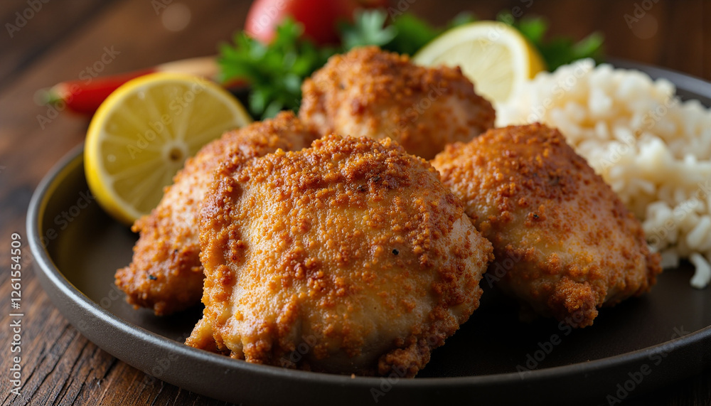 Golden baked chicken thighs with rice in rustic kitchen, inviting meal Golden baked chicken thighs with rice in rustic kitchen, inviting meal