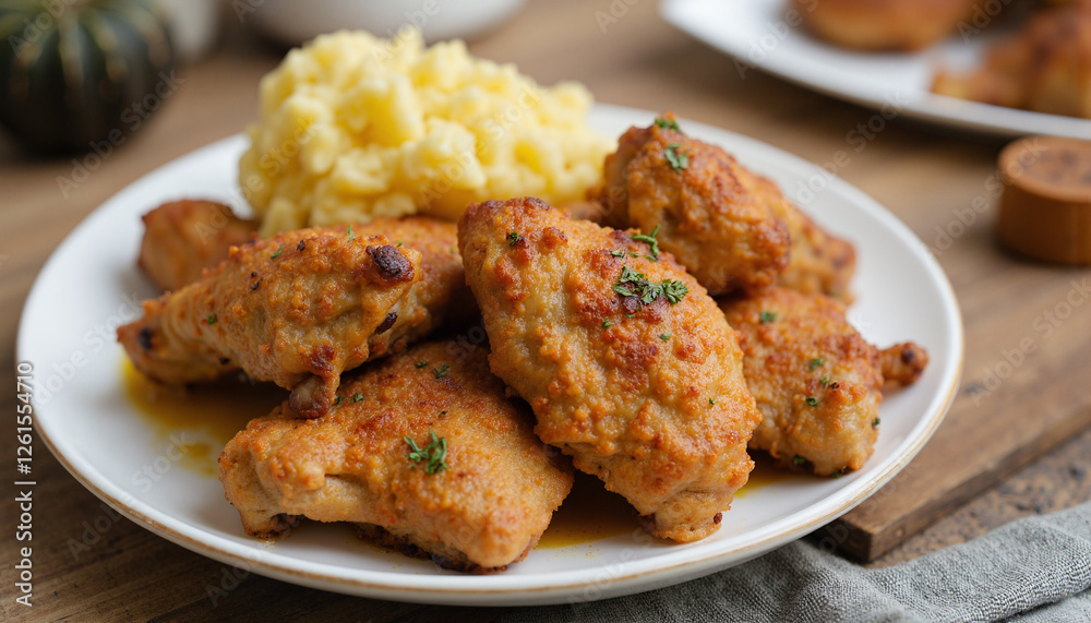 Crispy baked chicken thighs with creamy mashed potatoes, cozy kitchen Crispy baked chicken thighs with creamy mashed potatoes, cozy kitchen