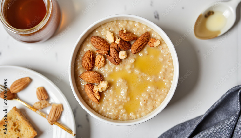Amaranth porridge with honey and almonds in cozy kitchen, comfort food Amaranth porridge with honey and almonds in cozy kitchen, comfort food