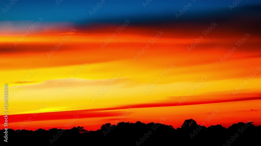 A vibrant sunset paints the sky with intense hues of orange, yellow, and blue creating vivid beauty A vibrant sunset paints the sky with intense hues of orange, yellow, and blue creating vivid beauty