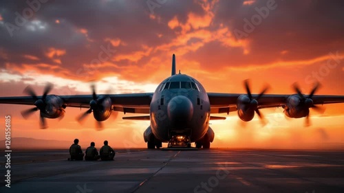 C-130 Military Transport Aircraft Over Desert at Sunset with Soldiers