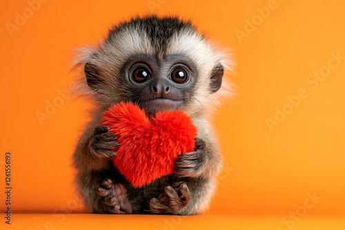 Tamarin - my cherished animal. Ad visual idea art. Ad concept. Cute tamarin baby with fluffy red heart - emblem of love, funny greeting card. Love and zoo photography. Valentine's pet love. photo