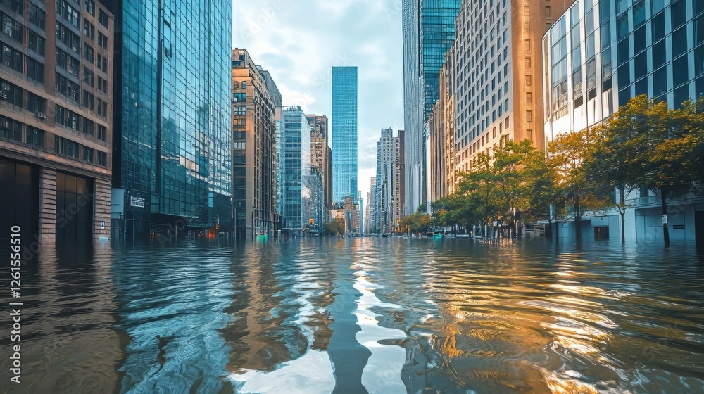 Fototapeta premium Urban city street submerged in water after heavy rainfall, showcasing a surreal landscape.
