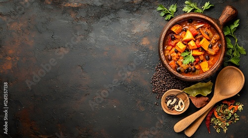 Bowl of hearty sweet potato black bean chili on a table with a spoon ready to be served