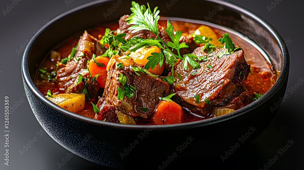 Bowl of hearty slow-cooked lamb curry with meat and assorted vegetables on a wooden table Bowl of hearty slow-cooked lamb curry with meat and assorted vegetables on a wooden table