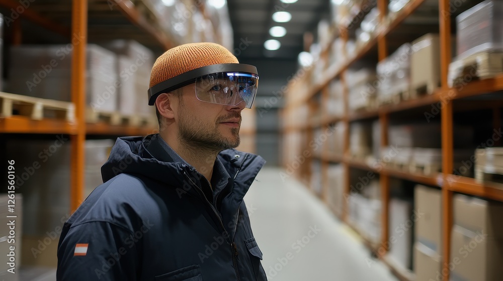 Warehouse worker using augmented reality for inventory management, e-commerce efficiency. Warehouse worker using augmented reality for inventory management, e-commerce efficiency.