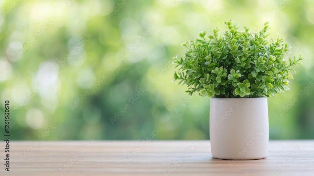 Small plant in pot on wooden table outdoors Small plant in pot on wooden table outdoors