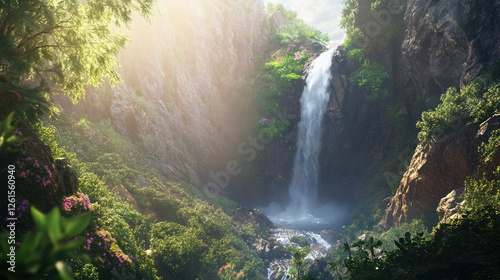 Lush Waterfall in Mountain Gorge