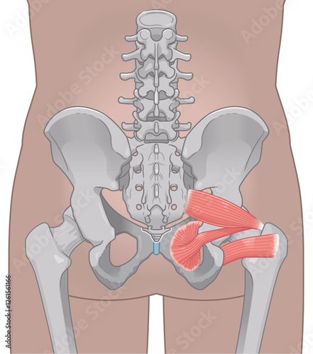 梨状筋、内閉鎖筋、大腿方形筋、小殿筋、gluteus minimus、中殿筋、gluteus medius、股関節、骨盤、筋肉、イラスト、illustration
