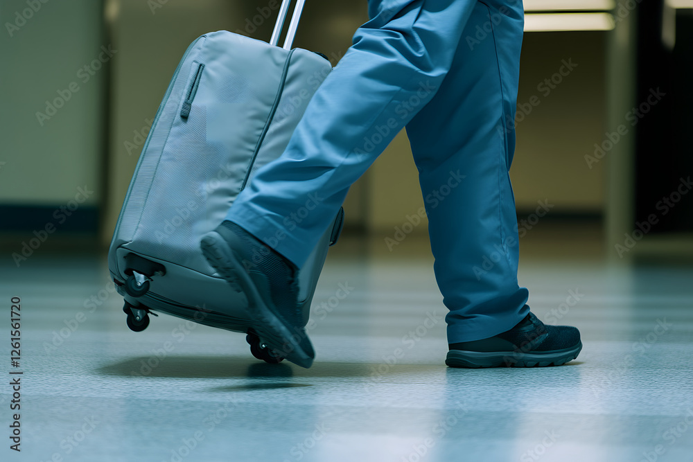Obraz premium Person in Scrubs Pulling Wheeled Suitcase