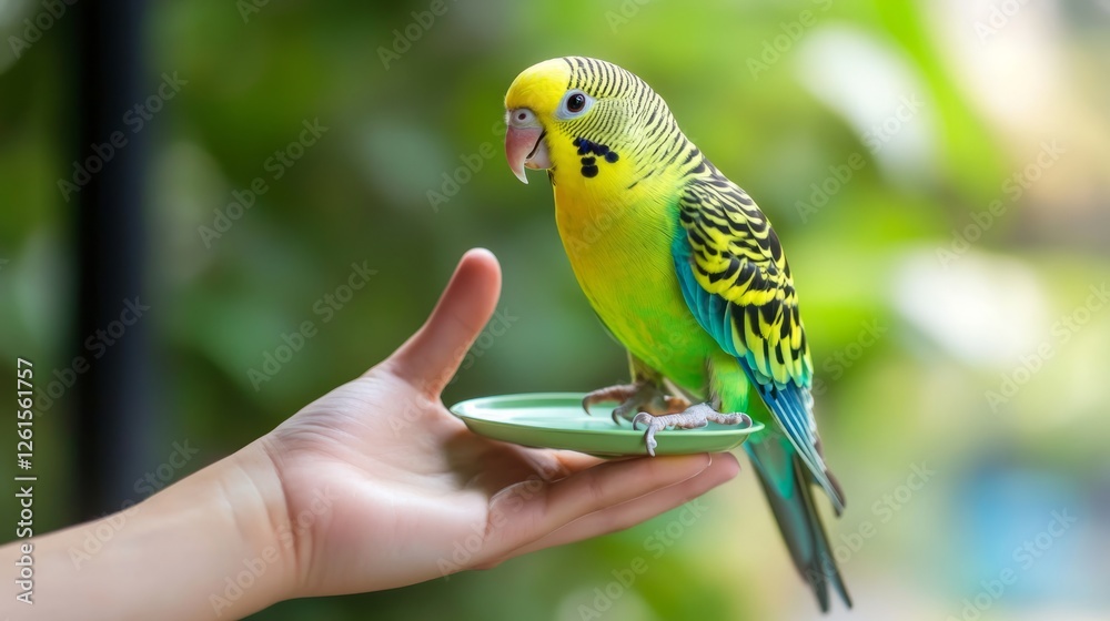 Fototapeta premium Parrot mimicking human behavior on perch, showcasing advanced animal imitation abilities.