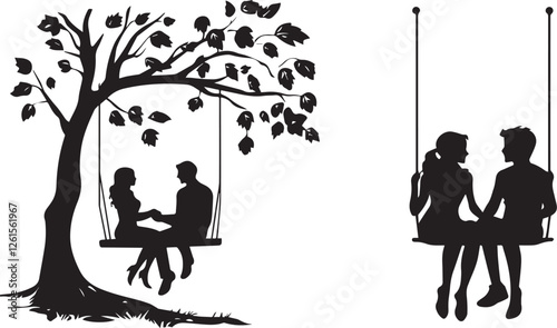 Silhouette of a couple sharing a quiet moment on a swing vector silhouette