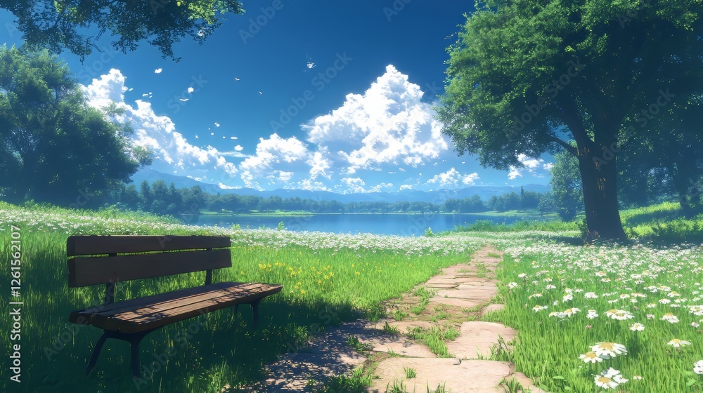 Obraz premium Serene view of a park with a bench overlooking a tranquil lakeside.