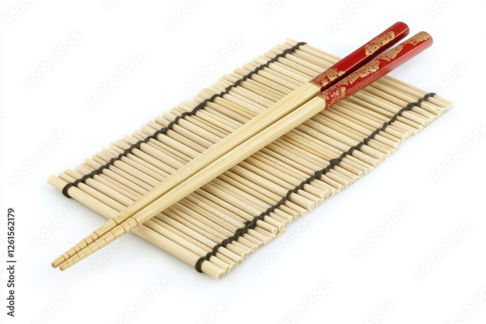 Elegant Red Chopsticks Resting on Bamboo Mat with Traditional Japanese Design, Perfect for Asian Cuisine, Dining Experience, or Cultural Representation Elegant Red Chopsticks Resting on Bamboo Mat with Traditional Japanese Design, Perfect for Asian Cuisine, Dining Experience, or Cultural Representation