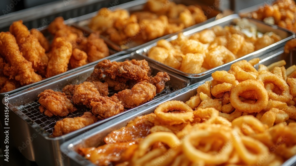 Golden fried seafood and chicken wings in metal trays. Perfect for menus, food blogs, or articles about fried food. Golden fried seafood and chicken wings in metal trays. Perfect for menus, food blogs, or articles about fried food.