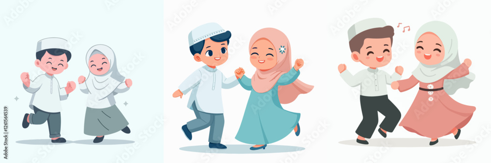 vector boy and girl wearing muslim clothes dancing happily vector boy and girl wearing muslim clothes dancing happily