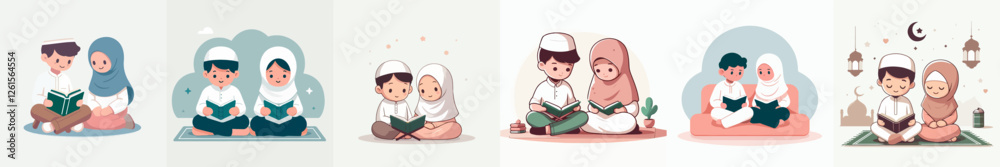 vector boy and girl sitting reciting the quran