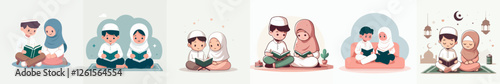vector boy and girl sitting reciting the quran