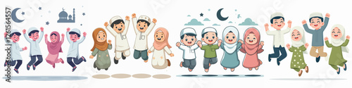 vector of children wearing muslim clothes jumping happily