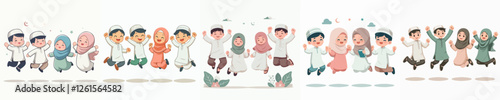 vector of children wearing muslim clothes jumping happily