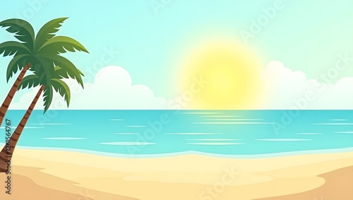 Simple vector art illustration of a beach on a sea background with sunlight, reminiscent of summer land where sunlight shines down from the sky.