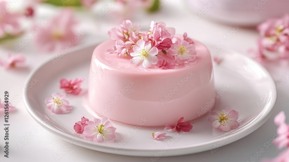 A beautiful pink mousse with floral decorations, served on a pristine white plate, exuding elegance and sweetness, perfect for showcasing luxury desserts A beautiful pink mousse with floral decorations, served on a pristine white plate, exuding elegance and sweetness, perfect for showcasing luxury desserts