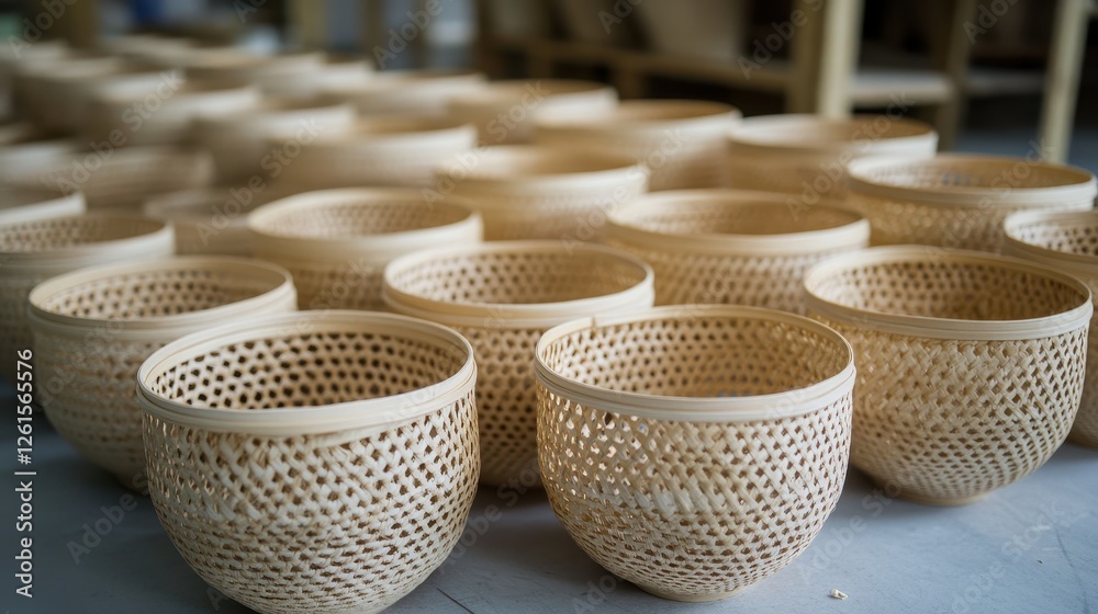 Craftsmanship of Handwoven Bamboo Baskets on Workshop Floor Craftsmanship of Handwoven Bamboo Baskets on Workshop Floor