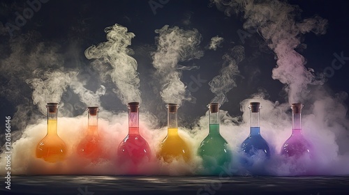 Colorful laboratory flasks emitting smoke in a dark setting, showcasing a scientific experiment