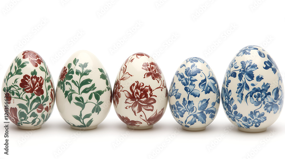 Array of Beautiful Floral Design Eggs Standing Side By Side For Easter Celebration Decoration Array of Beautiful Floral Design Eggs Standing Side By Side For Easter Celebration Decoration