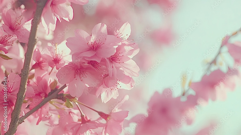 Fototapeta premium Delicate pink cherry blossoms in full bloom against a soft pastel sky, evoking springtime beauty